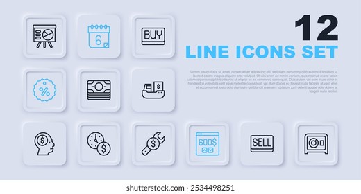 Set line Sell button, Safe, Stacks paper money cash, Monitor with dollar, Discount percent tag, Time, Calendar and Repair price icon. Vector