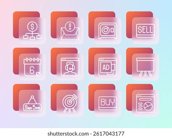 Set line Sell button, Target financial goal, Advertising, Buy, Telephone 24 hours support, Safe, Hierarchy with dollar and Envelope icon. Vector
