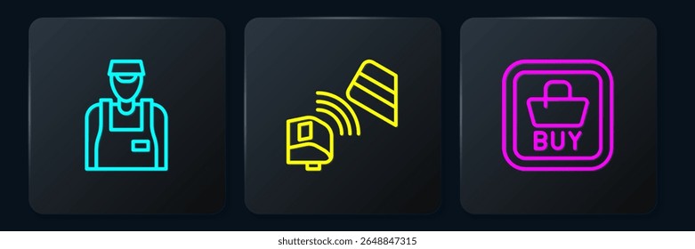 Set line Seller, Buy button and POS terminal with credit card. Black square button. Vector
