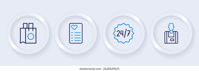 Set line Seller, Clock 24 hours, Shopping list and Paper shopping bag icon. Vector