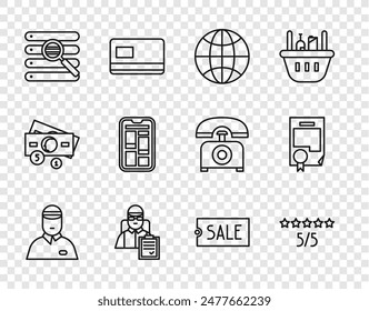Set line Seller, Worldwide, Delivery man with cardboard boxes, Search browser window, Online shopping phone, Price tag text Sale and Certificate template icon. Vector