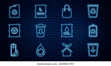 Set line Send to the trash, Battery with recycle, Shopping bag, Radioactive waste barrel, Eco fuel canister, Oil and Bio icon. Vector