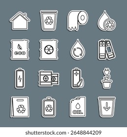 Set line Enviar para o lixo, Tampa de poupança elétrica em pote, Bateria, rolo de papel higiênico, Barril de resíduos radioativos, Biocombustível, Casa e Reciclar ícone de água limpa. Vetor