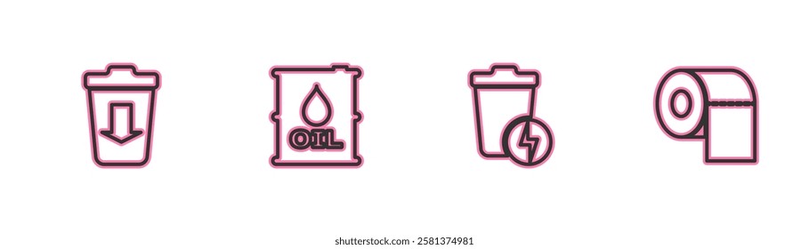 Set line Send to the trash, Lightning with can, Oil barrel and Toilet paper roll icon. Vector