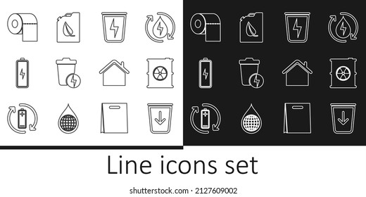 Set line Senden an den Müll, Radioaktive Abfälle im Lauf, Blitze mit Dose, Battery, Toilettenpapier Rolle, Haus und Bio-Brennstoff-Behälter Symbol. Vektorgrafik