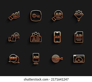 Set line SEO optimization, Advertising, Pie chart infographic, Target, Website statistic,  and  icon. Vector