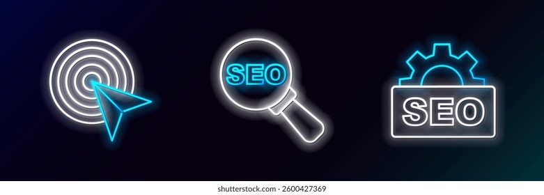 Set line SEO optimization, Advertising and  icon. Glowing neon. Vector
