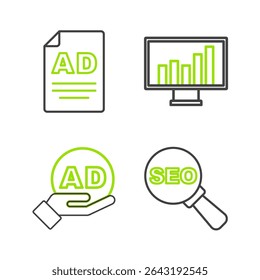 Defina a otimização de SEO de linha, Publicidade, Monitor com gráfico gráfico e ícone. Vetor