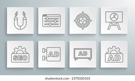 Set line SEO optimization, Browser setting, Advertising, Target, Board with graph chart and Magnet icon. Vector