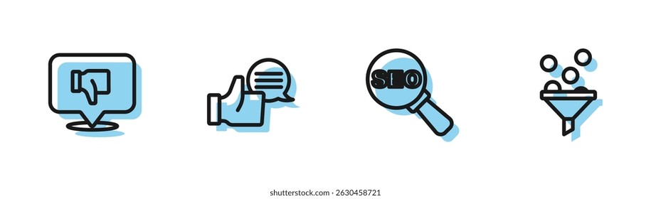 Set line SEO optimization, Dislike in speech bubble, Customer product rating and Lead management icon. Vector