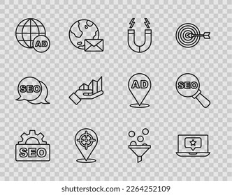 Set line SEO optimization, Laptop with star, Magnet, Target, Advertising, Pie chart infographic, Lead management and  icon. Vector