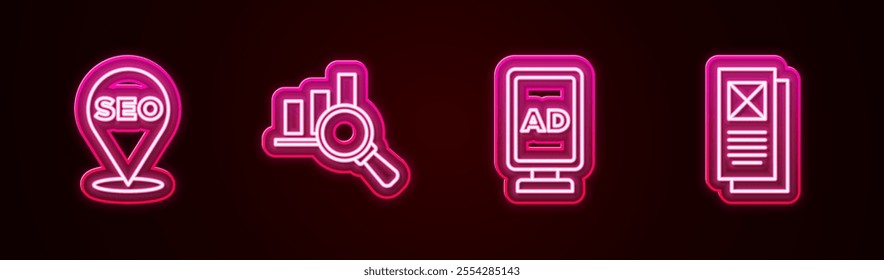 Set line SEO optimization, Magnifying glass and analysis, Advertising and Browser window. Glowing neon icon. Vector