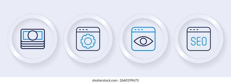 Definir a linha SEO otimização, coleção de informações pessoais, configuração do navegador e Pilhas papel dinheiro ícone de dinheiro. Vetor