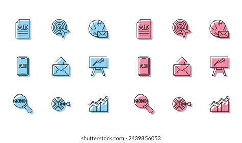 Set line SEO optimization, Target, Advertising, Financial growth increase, Mail and e-mail, Board with graph chart,  and  icon. Vector