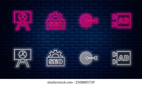 Definir a otimização de SEO de linha, Alvo, Tabuleiro com gráfico gráfico e Publicidade. Ícone de néon brilhante na parede de tijolos. Vetor