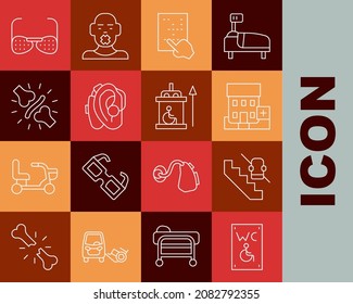 Set line Separated toilet for disabled, Disabled elevator, Medical hospital building, Braille, Hearing aid, Joint pain, knee pain, Blind glasses and Elevator icon. Vector