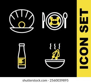 Set line Served crab on a plate, Soup with octopus, Sauce bottle and Shell pearl icon. Vector