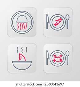 Set line Served crab on a plate, Shark fin soup, fish and Jellyfish icon. Vector