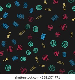 Set line Served crab on a plate, Fish steak, Sauce bottle and soup on seamless pattern. Vector