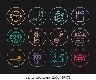 Set line Served crab on a plate, Seafood store, Turtle, Canned fish, Caviar, Jellyfish, Sushi and Shrimp icon. Vector