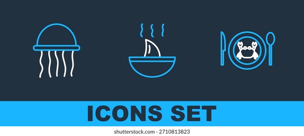 Set line Served crab on a plate, Jellyfish and Shark fin soup icon. Vector