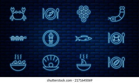 Set line Served cucumber on a plate, crab, Caviar, Octopus, Grilled fish steak, Crab, Fish and  icon. Vector