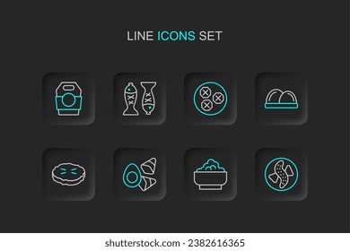 Set line Served cucumber on a plate, Rice in bowl, Chicken egg with vegerables, Homemade pie, Sushi, Wonton, fish and Asian noodles paper box icon. Vector