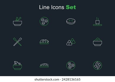 Set line Served cucumber on a plate, Wonton, Fish steak, Rice with fish in bowl, Zongzi bamboo steamer, sliced pieces and Food chopsticks icon. Vector