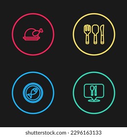 Set line Served fish on a plate, Cafe and restaurant location, Fork, spoon knife and Roasted turkey chicken icon. Vector