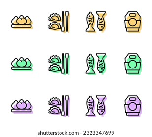 Set Line Served Fisch auf einem Teller, Dumpling, mit Stäbchen und asiatischen Nudeln Papier-Box Symbol. Vektorgrafik