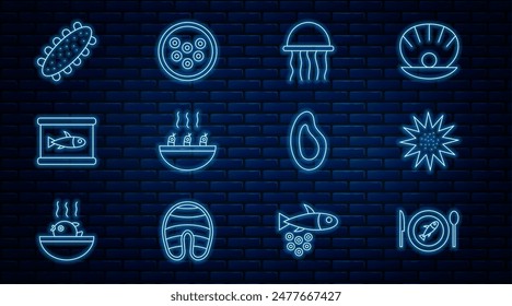 Set Linie Servierter Fisch auf einem Teller, Seeigel, Qualle, Suppe mit Garnelen, Dosen, Gurke, Muschel und Kaviar Symbol. Vektorgrafik