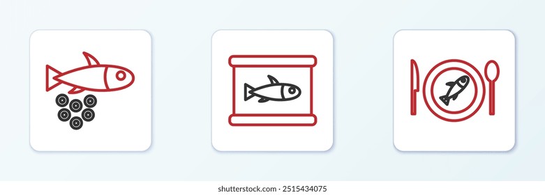 Set line Peixe servido em uma chapa, Peixe com caviar e ícone enlatado. Vetor
