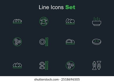 Set line Served fish on a plate, Sushi, Dumpling with chopsticks, Homemade pie, Food and Wonton icon. Vector