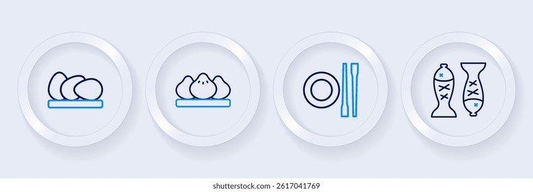 Set line Served fish on a plate, Food chopsticks with, Dumpling and Chicken egg icon. Vector