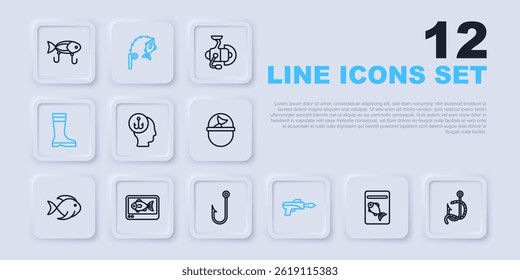 Set line Served fish on plate, Fishing hook and worm, Fisherman, harpoon, boots, finder echo sounder, rod and  icon. Vector