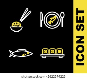 Set line Served fish on a plate, Sushi cutting board, Fish and  icon. Vector
