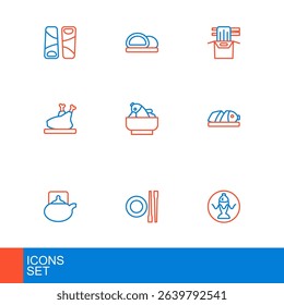 Set line Served fish on a plate, Food chopsticks with, Traditional tea ceremony, Fish sliced pieces, Roasted turkey or chicken, Rice in bowl, Asian noodles paper box and Sushi icon. Vector