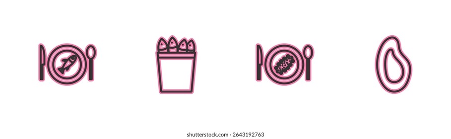 Set line Served fish on a plate, cucumber, Fishing bucket with fishes and Mussel icon. Vector