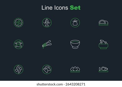 Set line Served fish on a plate, Dumpling, cucumber, Rice with bowl, Soy sauce, Food chopsticks noodles and Kung Pao chicken icon. Vector