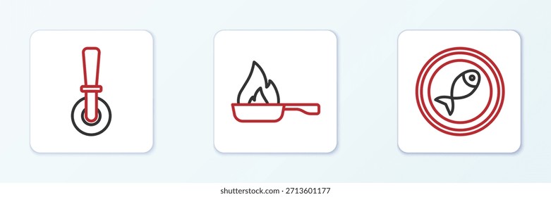 Pescado servido en un plato, cuchillo de pizza y el icono de la sartén. Vector