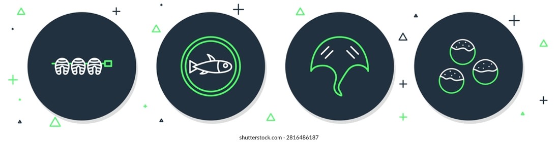 Set line Served fish on a plate, Stingray, Grilled steak and Takoyaki icon. Vector