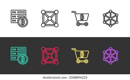 Servidor de línea fija bitcoin, tecnología Blockchain, Carrito de compras con y en blanco y negro. Vector