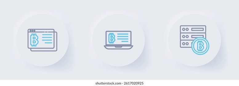 Set line Server bitcoin, Mining from laptop and Bitcoin browser icon. Vector