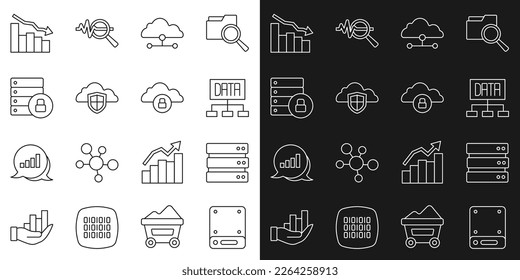 Set line Server, Data analysis, Network cloud connection, Cloud and shield, security with padlock, Financial growth decrease and computing icon. Vector