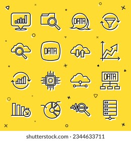 Set line Server, Data analysis, Financial growth, Search cloud computing, Pie chart infographic and Cloud download and upload icon. Vector