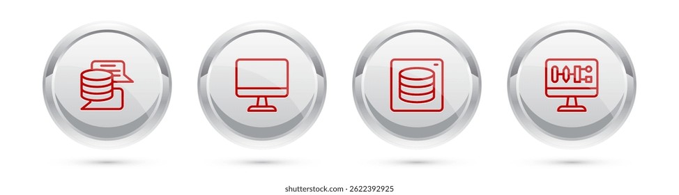 Set line Server, Data, Computer monitor,  and Algorithm. Silver circle button. Vector