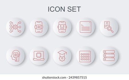 Set line Server, Data, Humanoid robot, Chat, Binary code, Neural network, Artificial intelligence AI, Processor CPU and Graduation cap icon. Vector