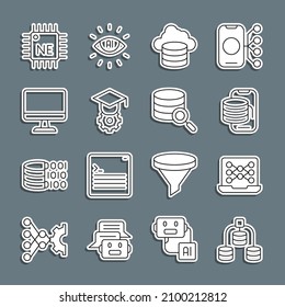 Set line Server, Data, Neural network, Cloud technology data transfer, database, Graduation cap, Computer monitor, Processor CPU and  icon. Vector