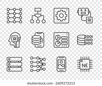 Set line Server, Data, Processor CPU, Computer api interface, Neural network, Cloud technology data transfer, Mobile phone and Binary code icon. Vector