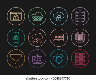 Set line Server, Data, Web Hosting, with shield, Cloud computing lock, Network cloud connection, Mobile exclamation mark, Browser, Laptop password and Password protection icon. Vector